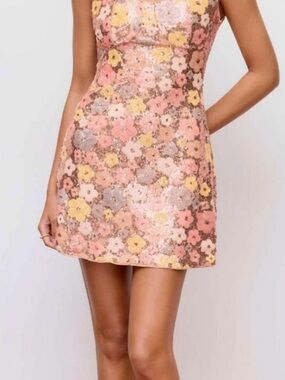 HP! 🥳 Cider Pink Sequin Floral Daisy Mini Dress Small Womens Party Cocktail EUC